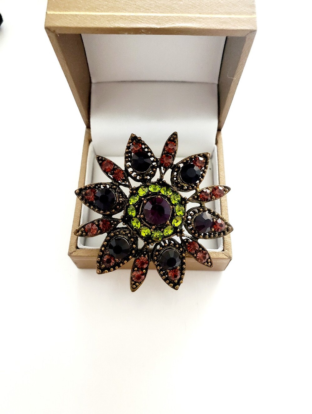 Antique Gold Flower Ring with Garnet and Peridot-Tone Stones